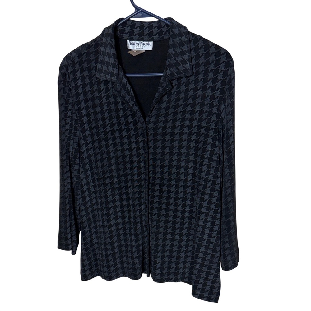 Ronni Nicole Petite Grey Black Houndstooth Button Front Blouse Stretch Top 14P